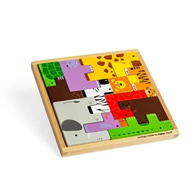Image of Bigjigs Toys Animal Lock a Block Puzzle 11 Piece Building &amp; Stacking Animals Toy in One, Games for 3 4 5 year olds, Tangram Puzzles Kids