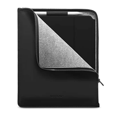 Image of WOOLNUT Matte PU Folio Cover Case for iPad Pro 13 inch &amp; Air Black, with Pencil Holder, Zipper/iPad 12.9 13(M4, 2024) Compatibility