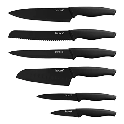 Image of hecef Black Oxide Knife Set of 6 with Matching Blade Protective Sheath, Scratch Resistant &amp; Rust Proof, Hard Stainless Steel Knives, Non Stick Colour Coating
