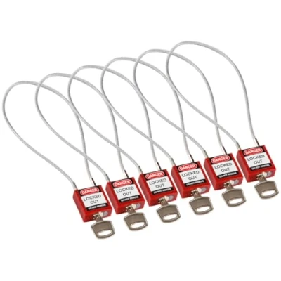Image of Brady Compact Cable Padlock 6 pack Lockout Tagout Security Lock Safety with Nylon Body and Sheathed Steel Keyed Alike 32mm x 35mm 16mm Length 400mm, Red