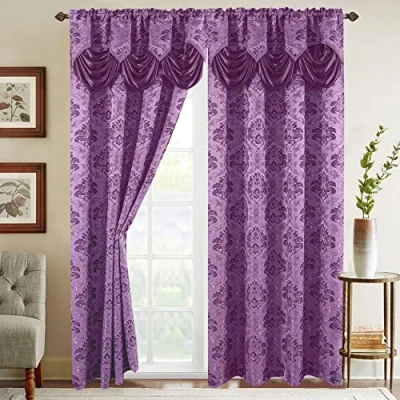 Image of Elegant Comfort Jacquard Look Curtain Panel Set with Attached Waterfall Valance, (Set of 2), 54 x 84 Inches, Lilac/Purple