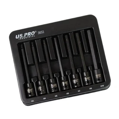 Image of US PRO Industrial 7pc 3/8&quot; DR Extra Long Impact Hex Bit Socket Set H3 H10 3653