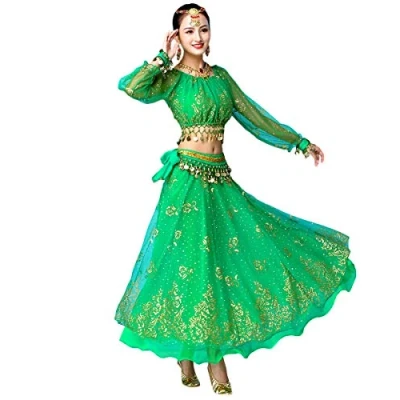 Image of Grouptap Bollywood indian womens long sleeve anarkali lehenga choli saree dress green arabian princess belly dance skirt outfits costume (Green, 150 170 cm, 45 70 kg)