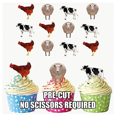 Image of AK Giftshop PRE CUT Farm Animals Chicken Cow Sheep Mix Edible Cupcake Toppers/Cake Decorations (Pack of 12)
