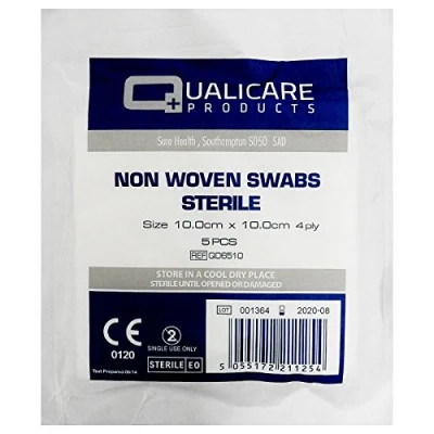 Image of Qualicare None Woven 4PLY Sterile Gauze Medical Swabs Single Pack, 10cm x Sqaure 1 Pack (5 Swabs)
