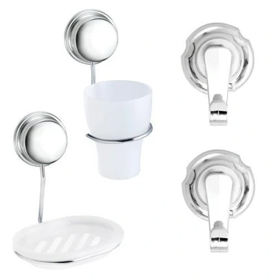Image of Croydex Twist &#039;N&#039; Lock Plus 4 Piece Suction Bathroom Basin Accessory Set Wall Mounted Soap Dish Holder Tumbler Robe Hooks (Chrome) by