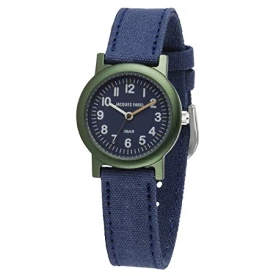 Image of JACQUES FAREL ORG 0304 Eco Children&#039;s Watch with Textile Strap Made of Organic Cotton Analogue Quartz Dark Blue, blue olive green, Strap.