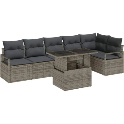 Image of vidaXL 7 Piece Garden Sofa Set with Cushions Grey Poly Rattan