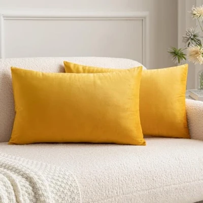 Image of MIULEE Velvet Soft Soild Microfiber Decorative Square Pillow Case Throw Cushion Cover for Sofa Bedroom with Invisible Zipper 12x20 Inch 30x50cm Orange Yellow Set of 2 Lined
