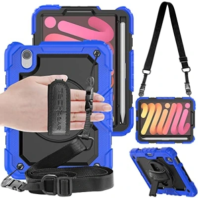 Image of TECHGEAR UTILITY Case for iPad Mini 7/6, 7th / 6th Generation 8.3&quot; 2024/2021, Tough Rugged HEAVY DUTY Armour Shockproof with 360 Rotating Stand, Hand and Shoulder Strap Blue
