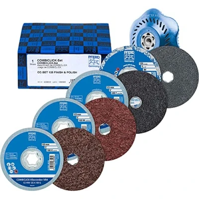 Image of PFERD COMBICLICK 42098003 Non Woven Felt Rounds Set, 5 Pieces/Diameter 125 mm Corundum A240, A180, A100, Silicon Carbide SiC Fine, Including Backing Plate / for Fine Grinding &amp; Finish