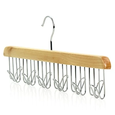 Image of HANGERWORLD Natural Wooden Belt Tie Jewellery Accessory Space Saving Organiser Hanger with Metal Hook