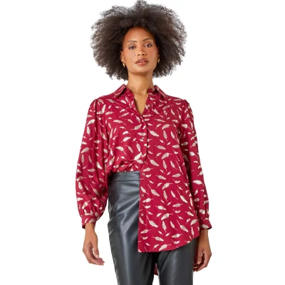 Image of Roman Originals Shirt for Women Ladies Cotton Blouse Button Through Tunic Printed Top Work Long Sleeve Smart Casual Going Out Office V Neck Everyday Evening Event Wine Foil Size 10
