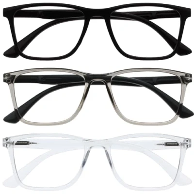 Image of OPULIZE NYX Blue Light Blocking Reading Glasses Anti Glare Computer and Gaming Eyewear 3 Pack UV Eyestrain Protection Rectangular Frame Black Grey Clear Men Women + 0.00