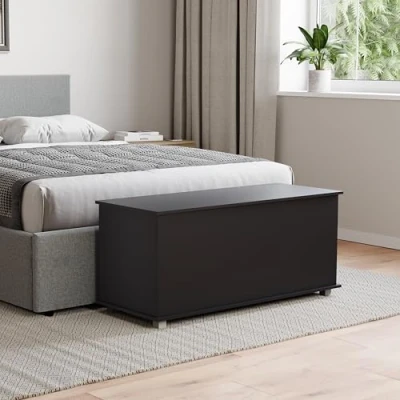 Image of Vida Designs Leon Storage Ottoman, Wooden Chest with Lid, Seat, Stool, Window Bench, Blankets, Bedding, Toy Box, Footstool, Black