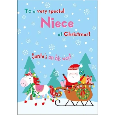 Image of doodlecards Niece Christmas Card Magic Santas Sleigh with Unicorn Medium Size for Plain Envelope