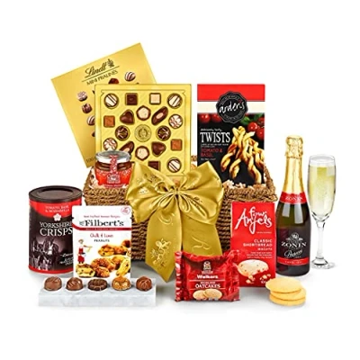 Image of Gourmet Prosecco Gift Set Cotswold Hamper with Luxury Shortbread, Peanuts, Oatcakes, Puff Pastry Twists Anniversary Food &amp; Drink Gifts for Couples, from Regency Hampers