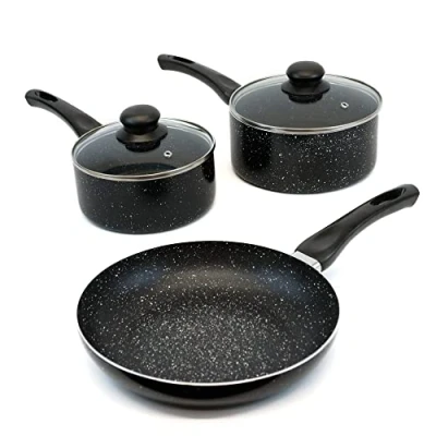 Image of Leisurewize 3 Piece Induction Pan Set 2 Sauce Pan&#039;s with Lids, 1 Lightweight Frying Non Stick Marble Coating Bakelite Heat Resistant Stainless Steel Base Hob Pans LW701