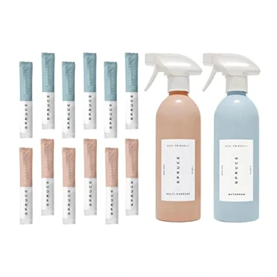Image of Spruce Duo Starter Kit Bundle: Refillable Multipurpose and Bathroom Cleaning Kits with 2 x Aluminum Eternity Bottle 12 Plastic Free Refill. Eco friendly, Non toxic, 100% Vegan