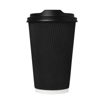 Image of We Can Source It Ltd 500 x 16oz Black Triple Ripple Paper Wall Disposable Tea Coffee Cappuccino Hot Drinks Cups &amp; Lids