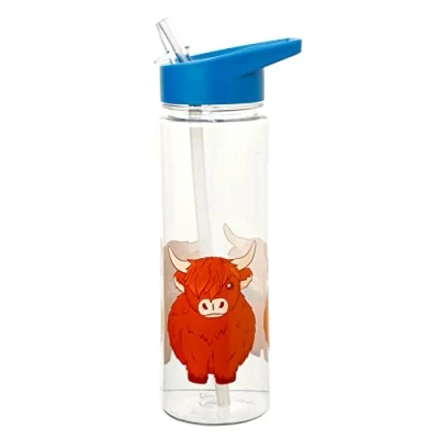 Image of Puckator Highland Coo Cow Kids Drinks Bottle With Flip Straw Reusable Water For Girls And Boys A Carry Handle Bpa Free School Nursery Cute Design Pp 550ml