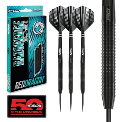 Image of RED DRAGON Razor Edge Black 20g Tungsten professional steel tip darts set with Dart Flights and Shafts (stems)