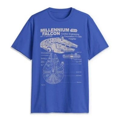 Image of STAR WARS Men&#039;s Millennium Falcon Detailed Drawing T Shirt, Royal, Medium