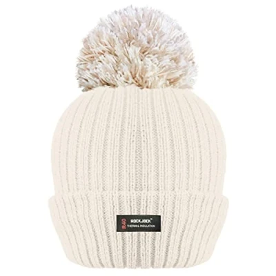Image of RockJock R40 Ladies Womens Winter POM Ribbed Beanie HAT with Advanced Thermal Insulation 1 Cream