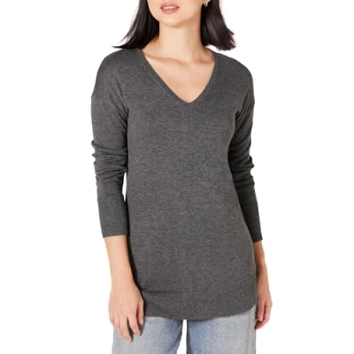 Image of Amazon Essentials Women&#039;s Lightweight Long Sleeved V Neck Tunic Sweater (Available in Plus Size), Charcoal Heather, XL