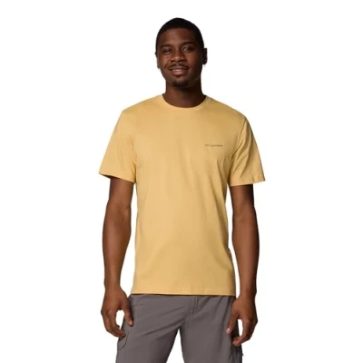 Image of Columbia Men&#039;s Rapid Ridge Back Graphic Tee 2, Short Sleeve T Shirt, Sand Dune/Button Badge, L