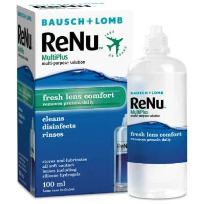 Image of ReNu MultiPlus Multi Purpose Travel Contact Lens Solution, 100ml Flight Pack, for Soft Lenses, Moisturise, Remove Protein, Clean, Disinfect, Lubricate, Rinse and Store, Case Included