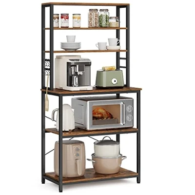 Image of VASAGLE Kitchen Storage Rack, Coffee Bar, Baker’s Total 6 Shelves and Hooks, for Microwave, Steel Frame, Industrial, 40 x 80 167 cm, Rustic Brown Black KKS019B01