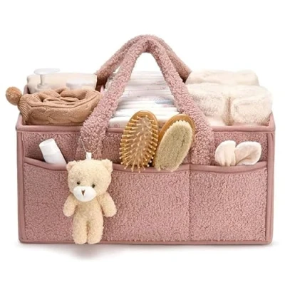 Image of EHOTER Baby Nappy Caddy Organiser with Removable Dividers Portable Diaper Nursery Storage Baskets Wipes Bag Newborn Essentials Gifts for Mum (Pink)