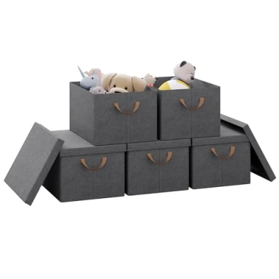 Image of WOLTU Set of 5 Storage Boxes with Lids, Collapsible Fabric Basket Under Bed Handles, Wardrobe Organiser, Grey Boxes, 43x33x26cm