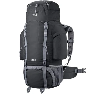 Image of Trail Tatra Hiking Backpack 65L, Trekking Walking Backpacking Backpack, Water Resistant Multi Pocket Bag, Padded Ventilated Adjustable Hip &amp; Back System, Bungee Cord, USB/Headphone Port (Black)