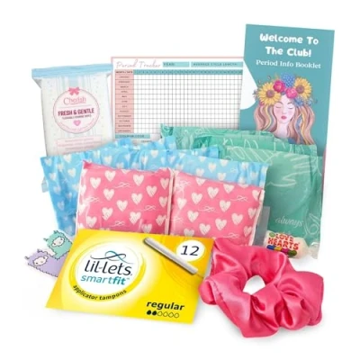 Image of Emergency Kit Bag for Girls Mini Box of Lil Lets Teen Pads, Always Tampax Compak Applicator Tampons, Panty Liners, Feminine Wipes a Scrunchie, Period Info Flyer and Tracker