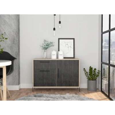 Image of Home Source Compact Sideboard Cabinet, Living Room Cupboard, Grey Oak Effect Storage, 1 Drawer, Engineered Wood