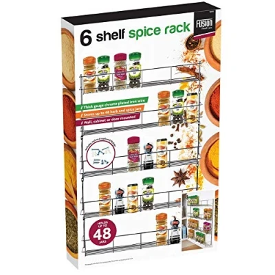 Image of Spice Masala Herbs Rack Wall Mounted or for Cupboard Door, Large Metal Storage Organiser Chrome Plated Iron, Fixings Included, Ideal Inside Kitchen Unit Door (6 Tier)