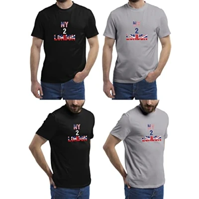 Image of (2 Pack) Mens T Shirt with Stylish Print Casual Short Sleeve Premium Soft Medium Weight Multipack Ideal for Everyday Wear Fast Drying Essential Crew Neck Noos (London (Black &amp; Grey), M)