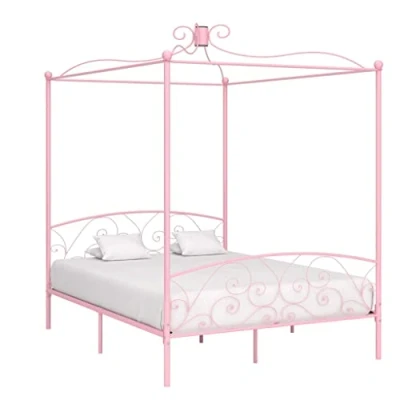 Image of vidaXL Pink Metal Canopy Bed Frame 160x200cm Sturdy Bedroom Furniture Double with Slatted Base for Curtains/Mosquito Net