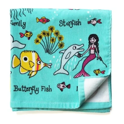 Image of Tyrrell Katz Kids Under The Sea Printed Towel in Blue Children’s Bath Sheet 100% Soft Cotton Beach Cloth with Rectangular Design 70 x 140 cm