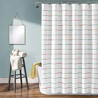 Image of Lush Decor Ombre Stripe Yarn Dyed Cotton Shower Curtain, 72&quot; W x L, Rainbow Colorful Tufted Stripes Curtain Boho, Coastal &amp; Farmhouse Bathroom