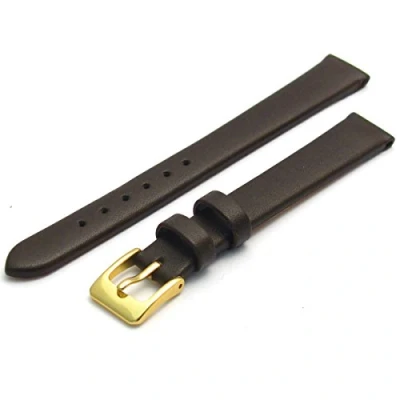 Image of Fine Calf Leather Watch Strap Band 8mm Dark Brown with Gilt (Gold Colour) Buckle. Free Spring Bars (Watch Pins)