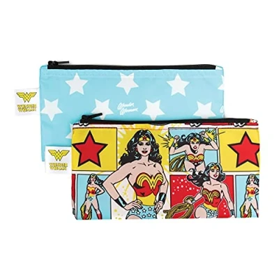 Image of Bumkins Reusable Snack Bags, for Kids School Lunch and Adults Portion, Washable Fabric, Waterproof Cloth Zip Bag, Supplies Travel Pouch, Food Safe, 2 pk Wonder Woman DC Comics