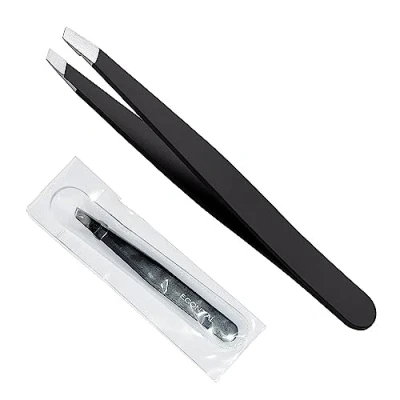 Image of Econtal Tweezers Eyebrow Plucking, Black with Case, Professional Slanted Tip, Plucking Hair, Tweezers, Eyelash