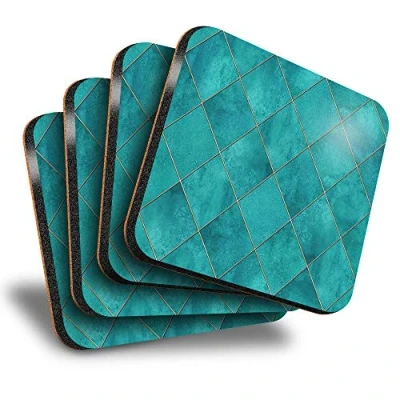 Image of Destination Vinyl ltd Great Coasters (Set of 4) Square Teal Blue Geometric Tiles Drink Glossy Coasters/Tabletop Protection for Any Table Type #2527