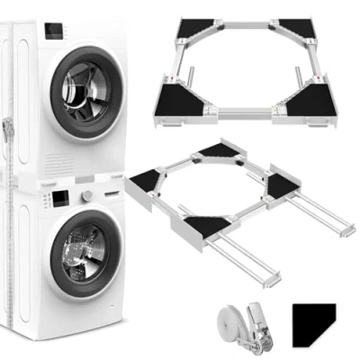 Image of NIUXX Universal Stacking Kit for Washing Machine and Dryer, Adjustable Shelf 46 66 cm Washer Intermediate Frame with Ratchet Ropes Drying Rod, Space Saving