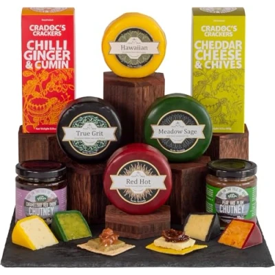 Image of InterCheese Classic 4 Cheese Truckles Hamper Gift with 2 Crackers, Chutney using Cheddar, Double Gloucester, Wensleydale and Derby Cheeses presented in Wood Wool