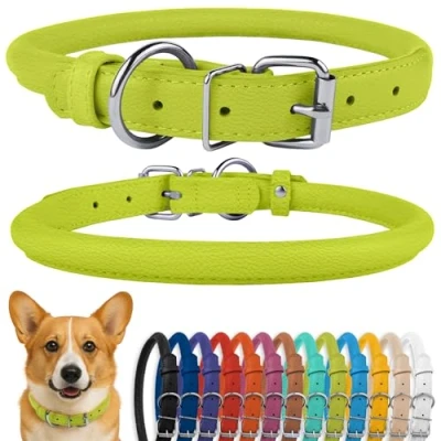 Image of CollarDirect Rolled Leather Dog Collar, Soft Padded Round Puppy Handmade Genuine Collar Small Large Cat Collars Black Pink Red Purple Blue (Fits 15&quot; 18&quot; Neck, Mint Green)