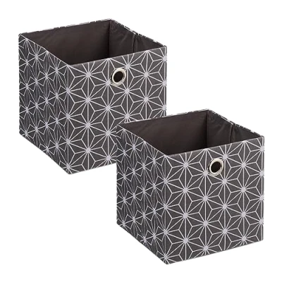 Image of Relaxdays 2x Fabric Storage Box, Geometric Pattern, HWD: 30.5 x 30 cm, Foldable Shelf Baskets, Grey/White, Linen